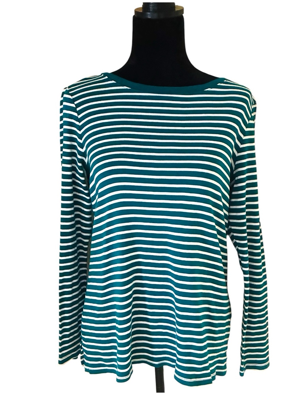 J. Jill Sz SMALL Jade Green White Striped Long-Sleeve Pima Cotton Crewneck Shirt - Picture 2 of 7